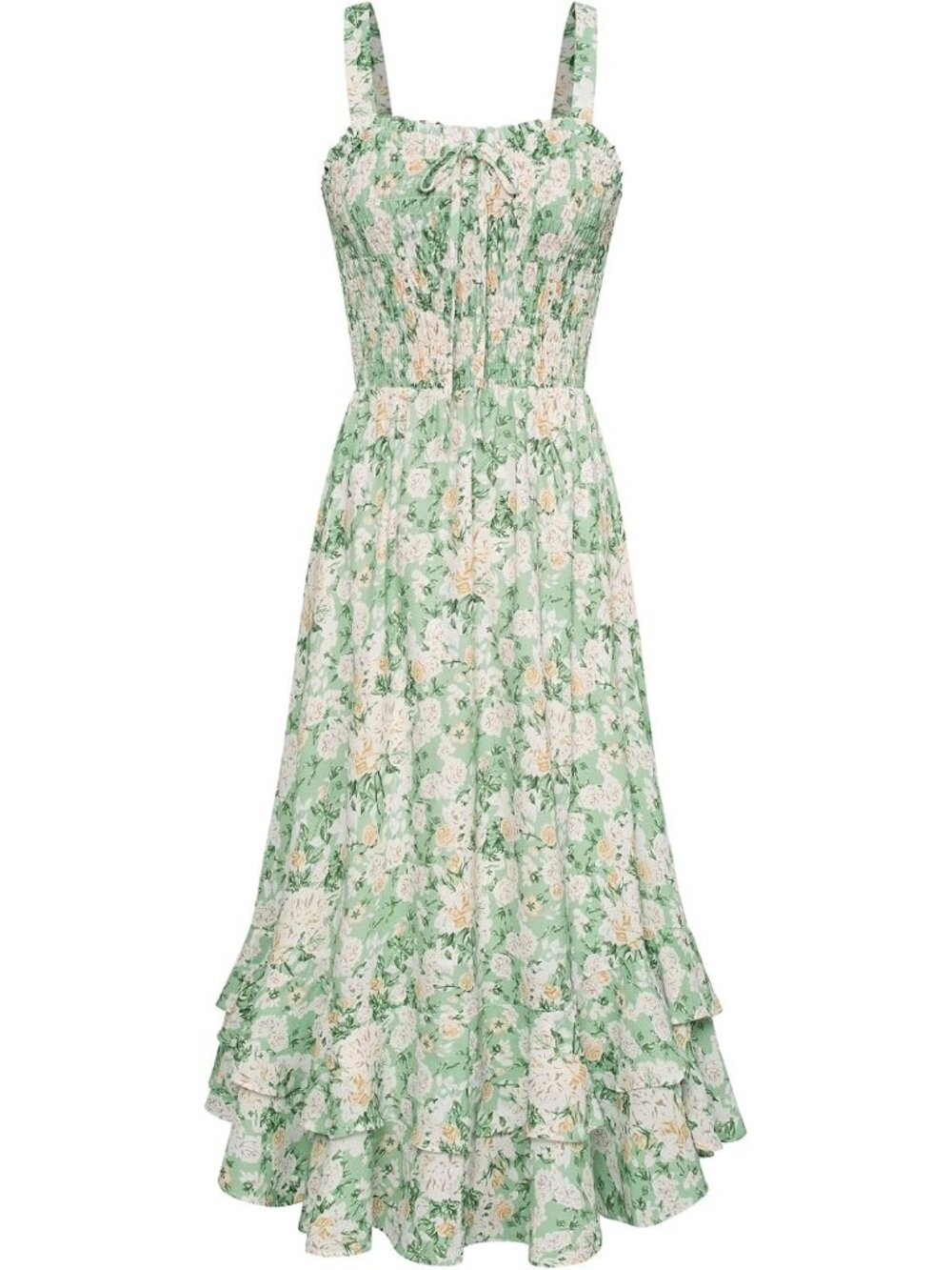 Women's Summer Floral Boho Dress Green White Square Neck Strapped Swing A Line